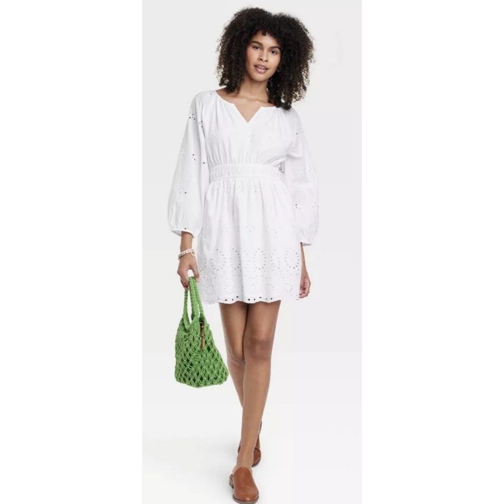 Universal Thread 3/4 Puff Sleeve Eyelet Dress White  Size L